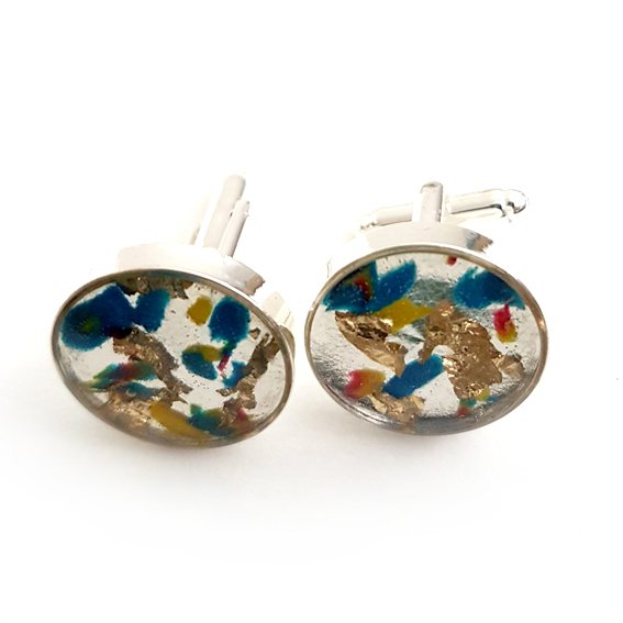 Large round blue/red/yellow gold leaf cufflinks