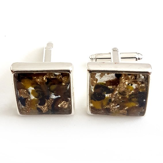 Large square yellow/blue/brown gold leaf cufflinks