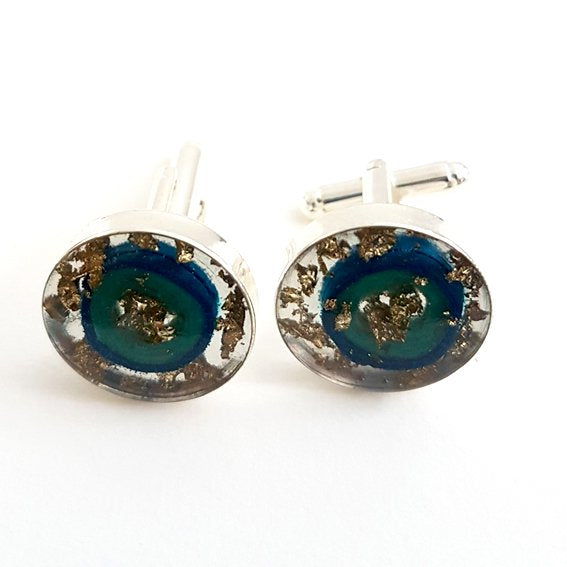 Large round blue ring and gold leaf cufflinks