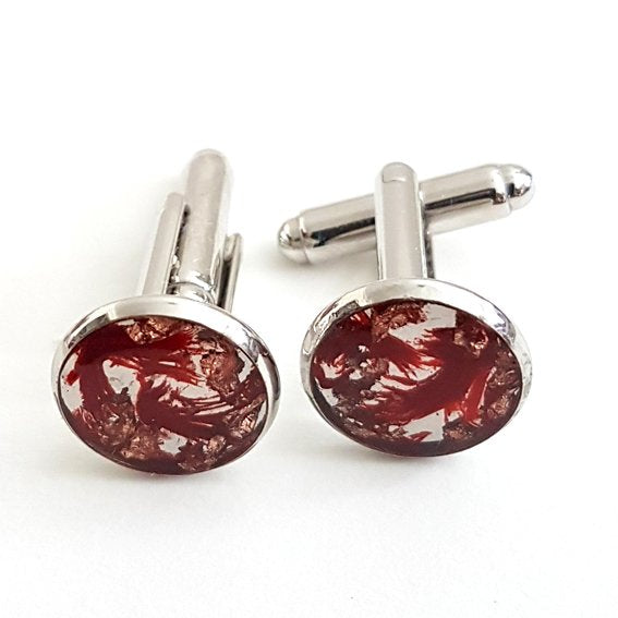 small round red and copper leaf cufflinks