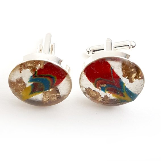 Large round red/blue/yellow gold leaf cufflinks